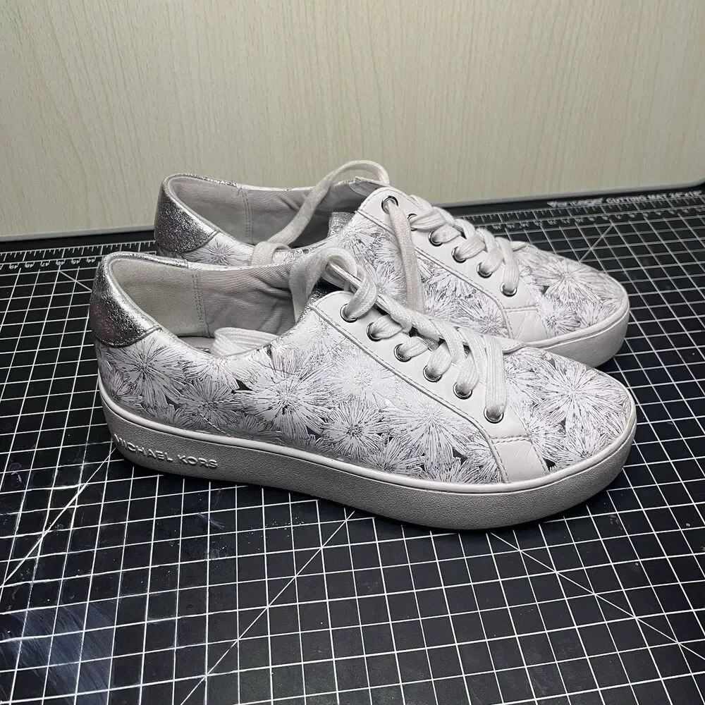 Michael  Kors White And Silver Daisy Shoes Flowers Size 7 Metallic Cute